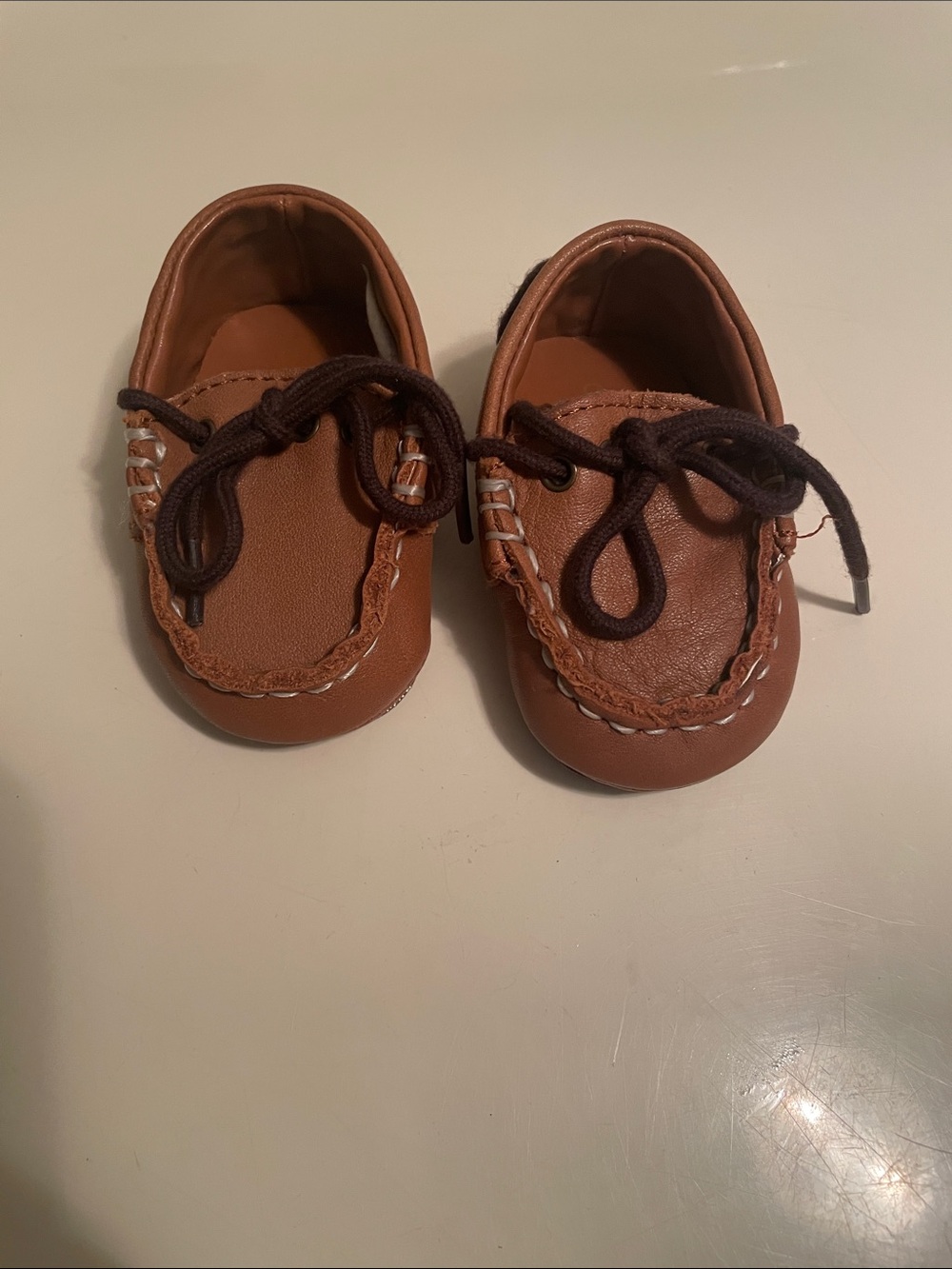 Cole Haan Kids Tan/Brown real leather Moccasin Loafers with Dark Brown Lace